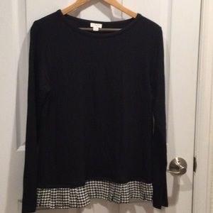J.Crew black tunic top with houndstooth pattern fringe
